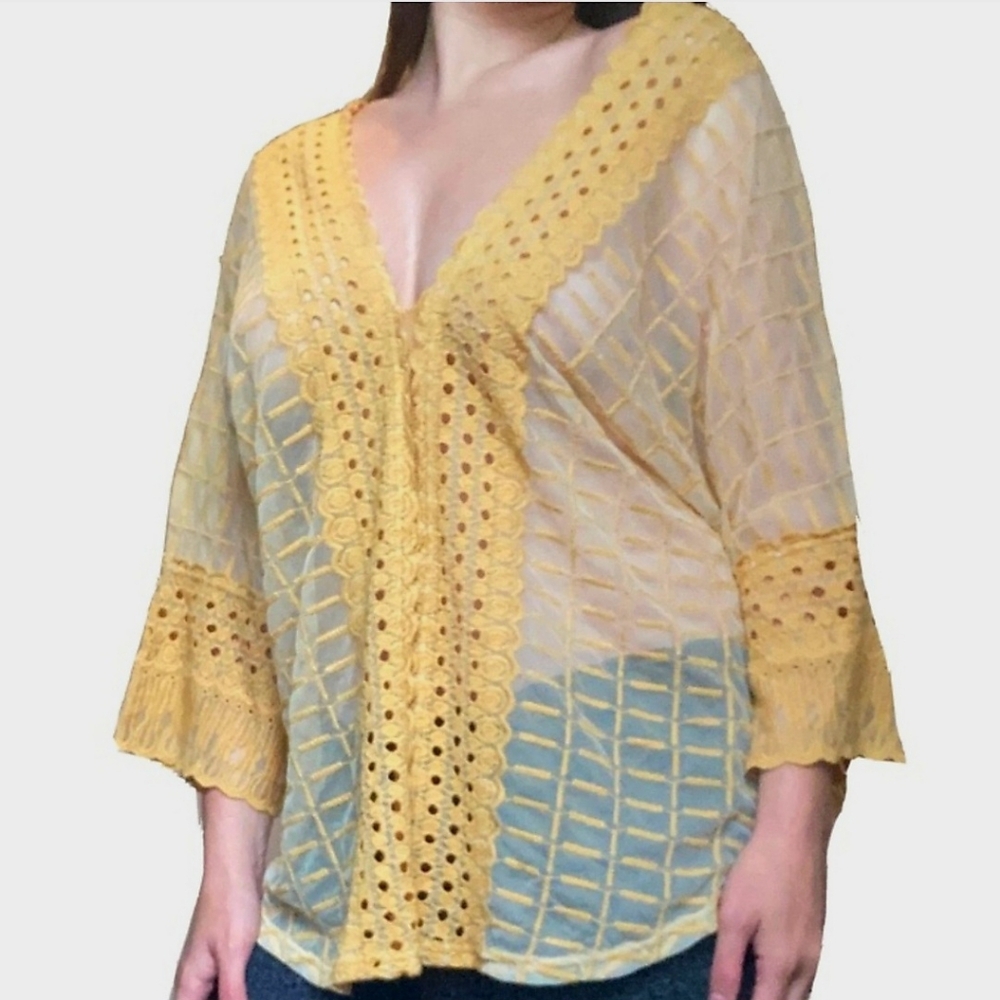 Sundance Embroidered Mesh Sheer Eyelet Lace Top Coverup Size XL Mustard Yellow